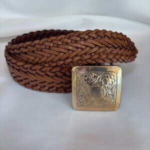 1 World Handmade Braided Leather Belt Brown Silver Square Buckle Size M